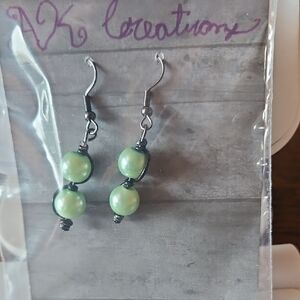 Handmade Green Beaded Earrings With Black Wire